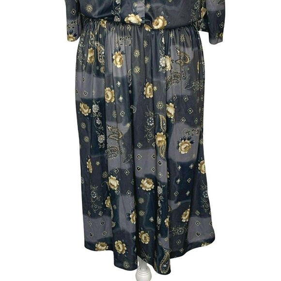 Vintage Midi Dress 14 Gray Floral Paisley 3/4 Sleeve Pockets Shoulder Pads - Picture 3 of 6